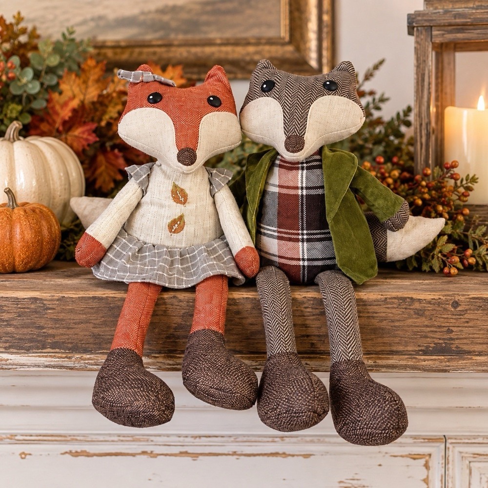 Loving Kindness Woodland Fox Couple Shelf Sitters Fall Decor Plush Set of 2